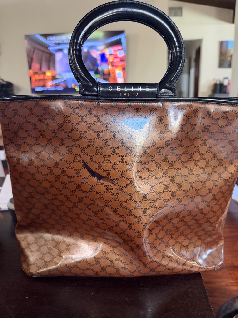 Celine Brown Monogram Patent Tote with Black Handles - Picture 1 of 3